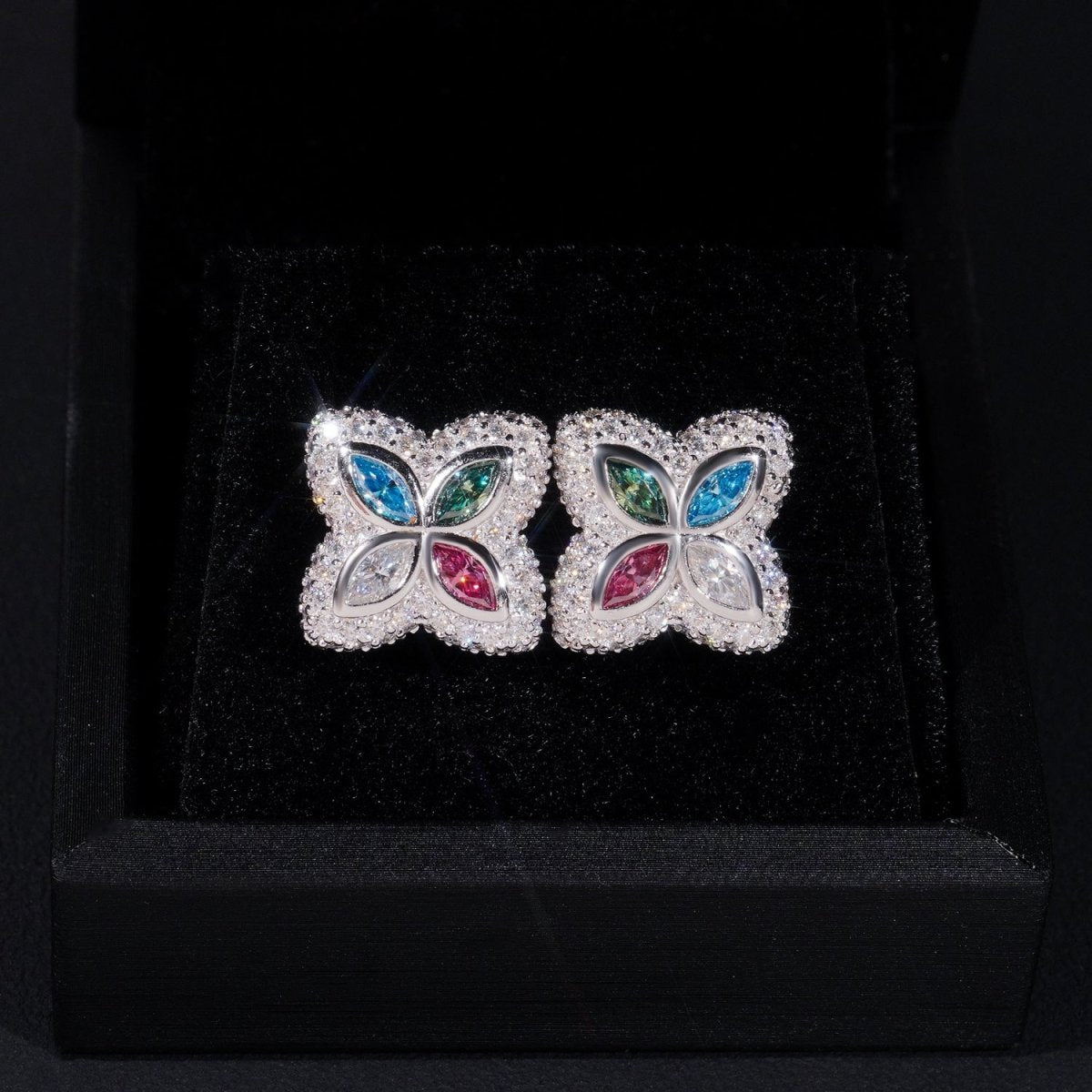 S925 Silver Multicolor Moissanite Clover Stud Earrings - AKAK BODYJEWELRY - ear - tunnel
