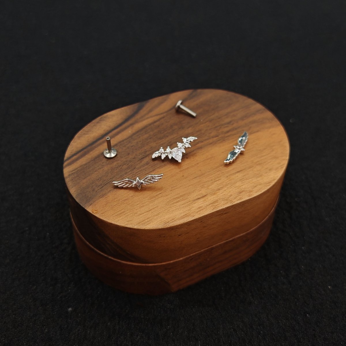 Titanium Bat Wing Heart & Star Wing CZ Piercing Stud | 1PC – Flat Back Labret | Ear Nose Body Jewelry - AKAK BODYJEWELRY-ear-tunnel