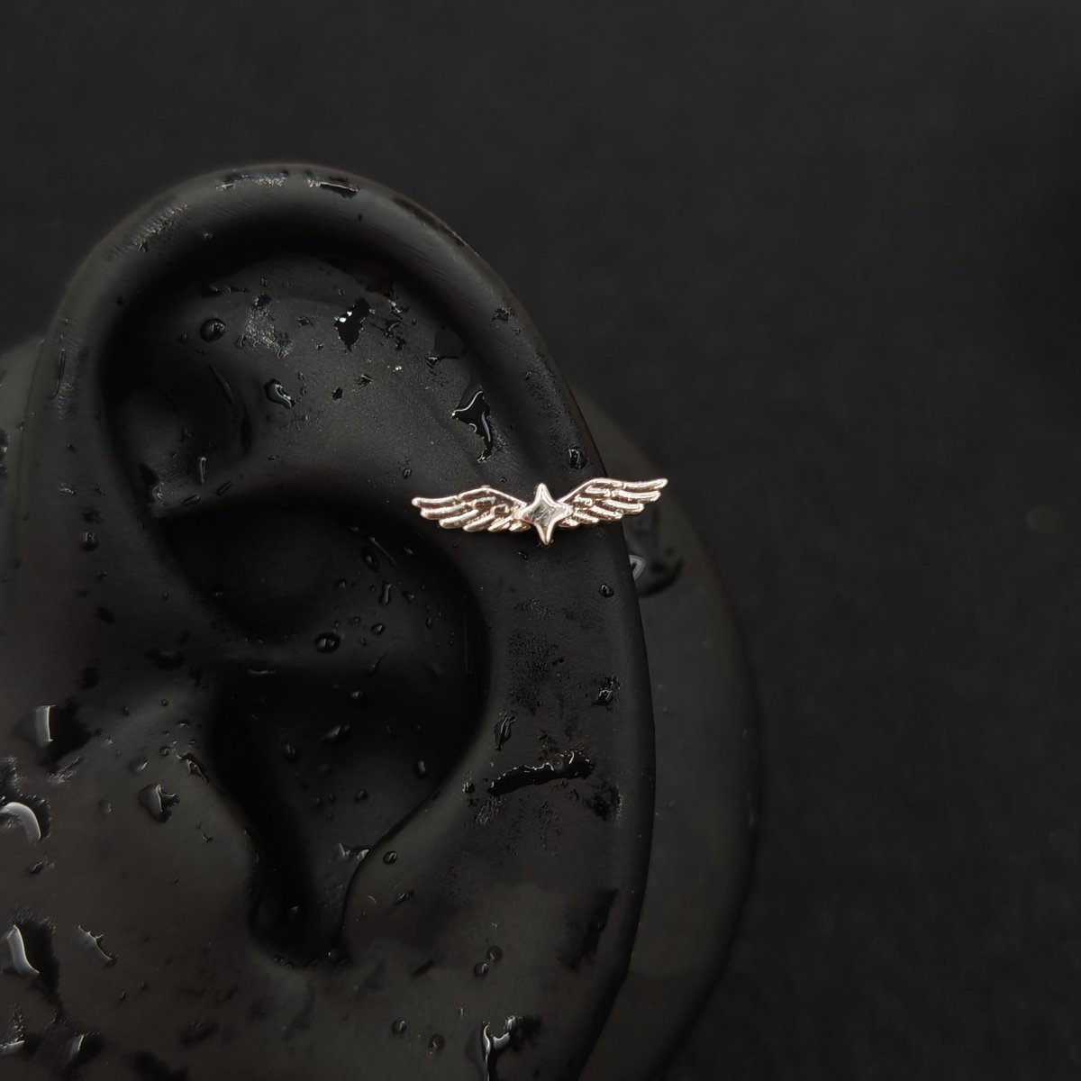 Titanium Bat Wing Heart & Star Wing CZ Piercing Stud | 1PC – Flat Back Labret | Ear Nose Body Jewelry - AKAK BODYJEWELRY-ear-tunnel
