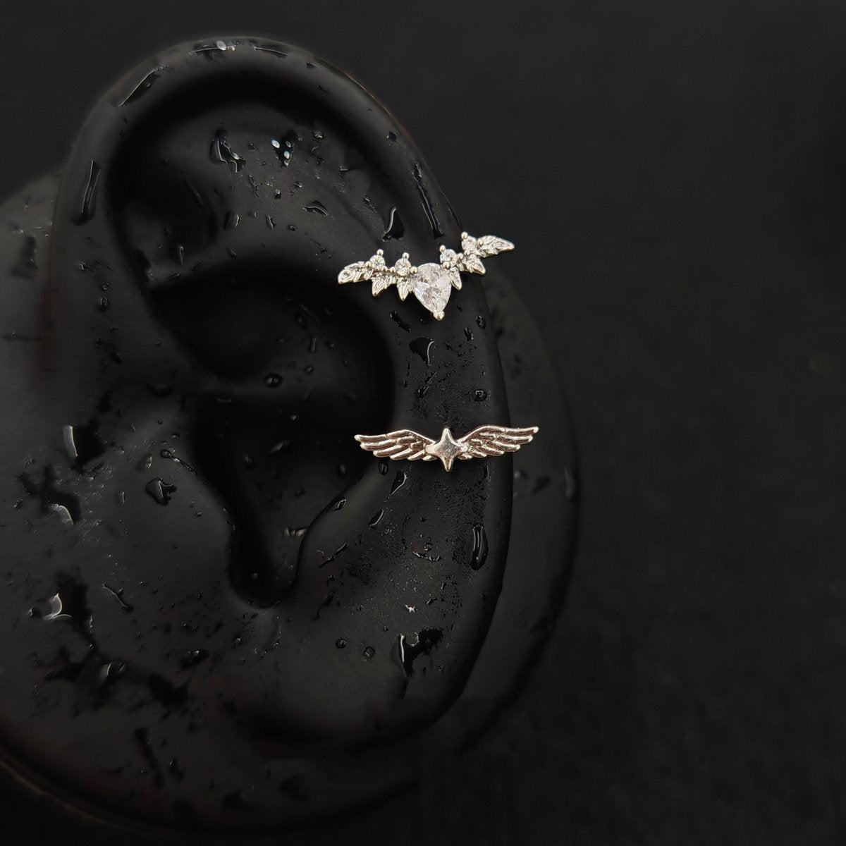 Titanium Bat Wing Heart & Star Wing CZ Piercing Stud | 1PC – Flat Back Labret | Ear Nose Body Jewelry - AKAK BODYJEWELRY-ear-tunnel
