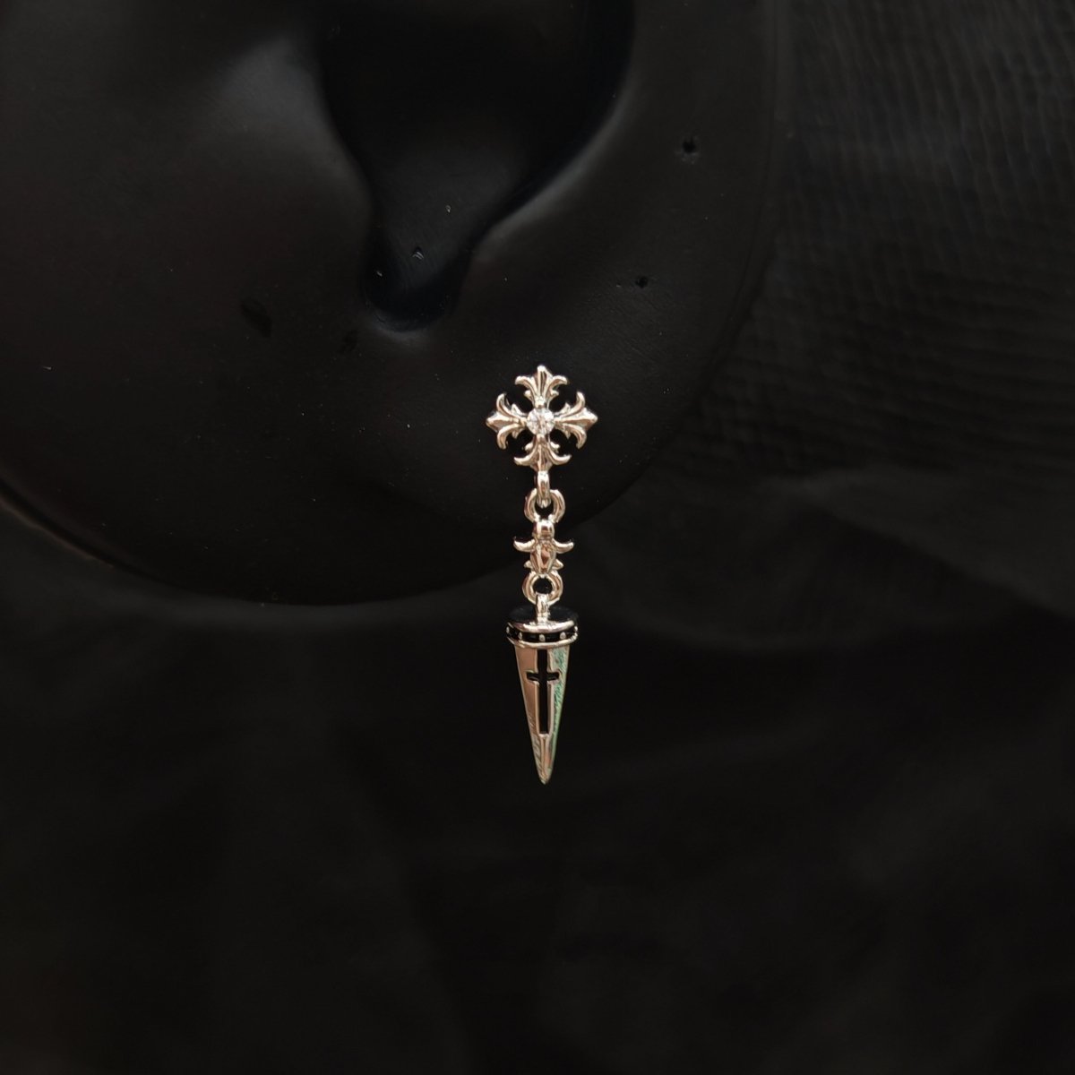 Titanium Cross Dagger Dangle CZ Piercing Stud | 1PC – Gothic Flat Back Labret | Ear Nose Body Jewelry - AKAK BODYJEWELRY-ear-tunnel