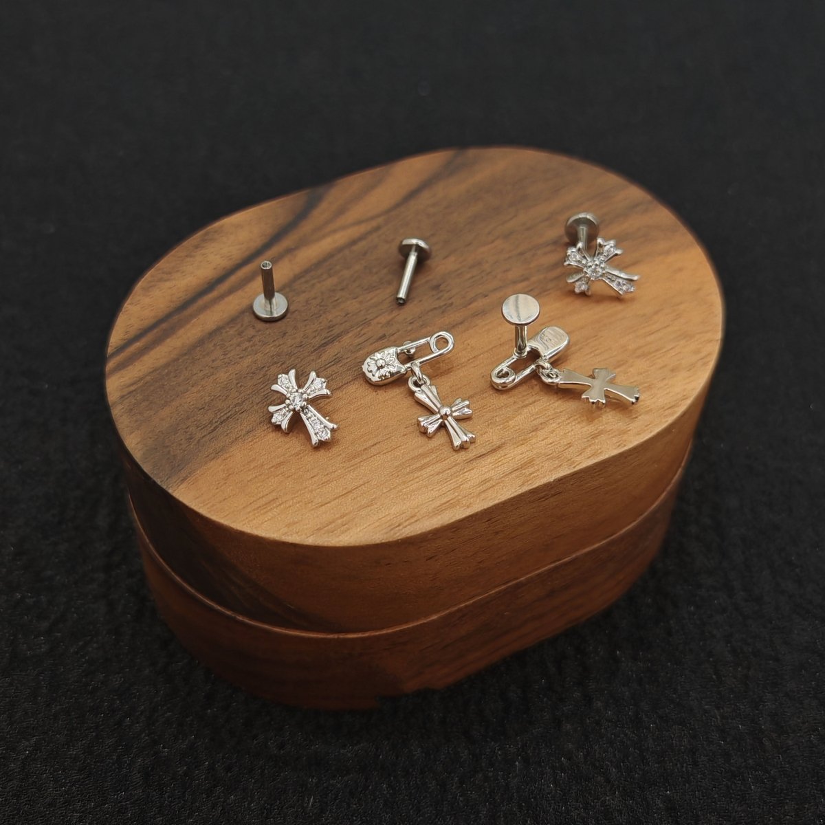 Titanium Cross & Safety Pin Cross CZ Piercing Stud | 1PC – Flat Back Labret | Ear Nose Body Jewelry - AKAK BODYJEWELRY-ear-tunnel