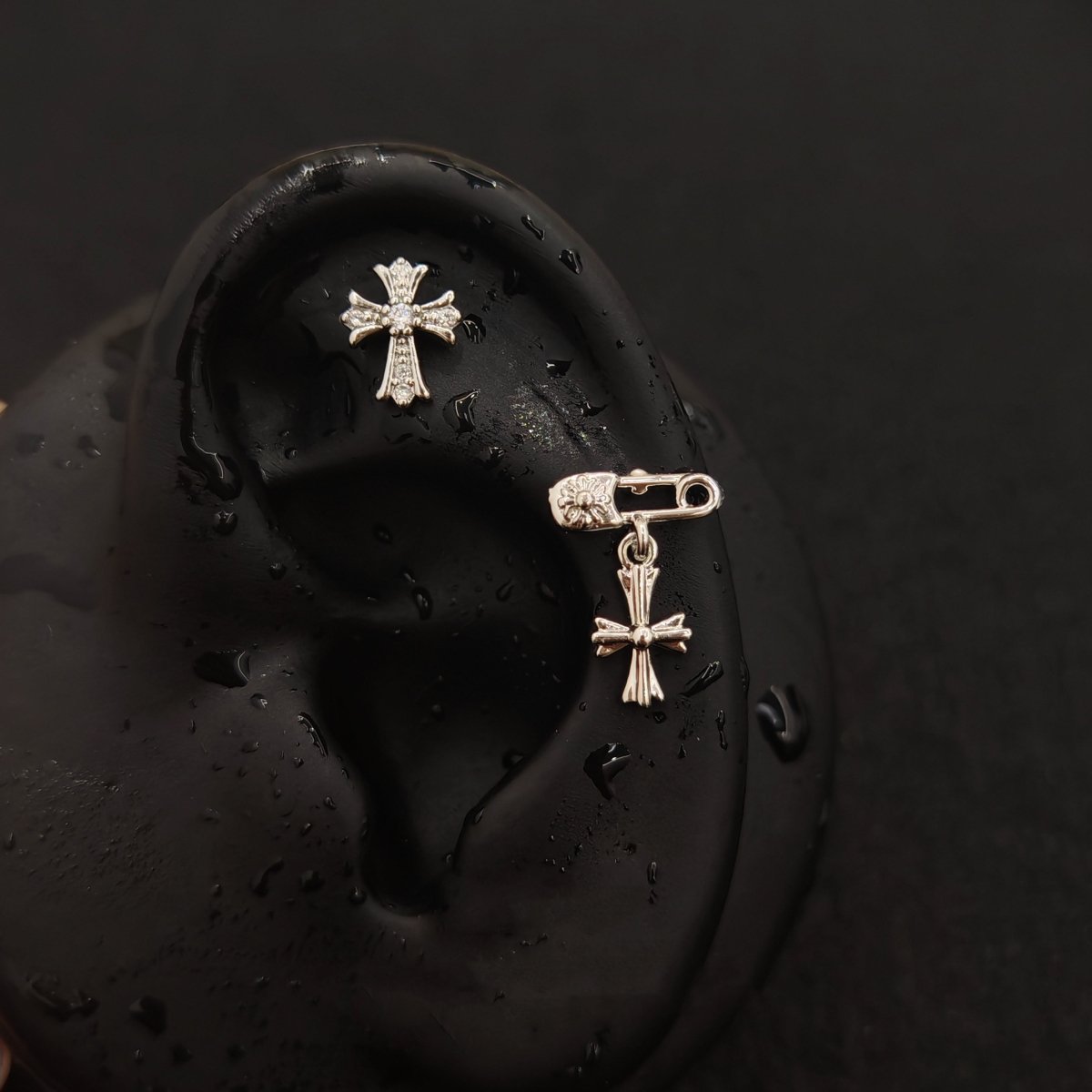 Titanium Cross & Safety Pin Cross CZ Piercing Stud | 1PC – Flat Back Labret | Ear Nose Body Jewelry - AKAK BODYJEWELRY-ear-tunnel