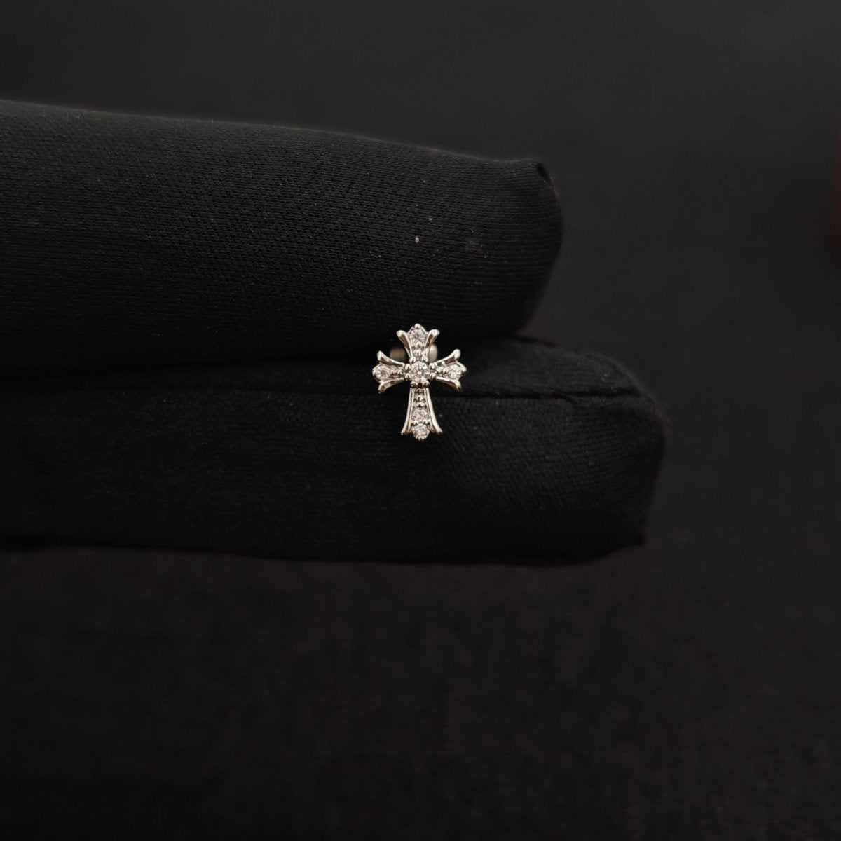 Titanium Cross & Safety Pin Cross CZ Piercing Stud | 1PC – Flat Back Labret | Ear Nose Body Jewelry - AKAK BODYJEWELRY-ear-tunnel