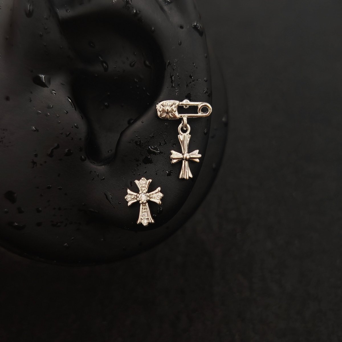 Titanium Cross & Safety Pin Cross CZ Piercing Stud | 1PC – Flat Back Labret | Ear Nose Body Jewelry - AKAK BODYJEWELRY-ear-tunnel