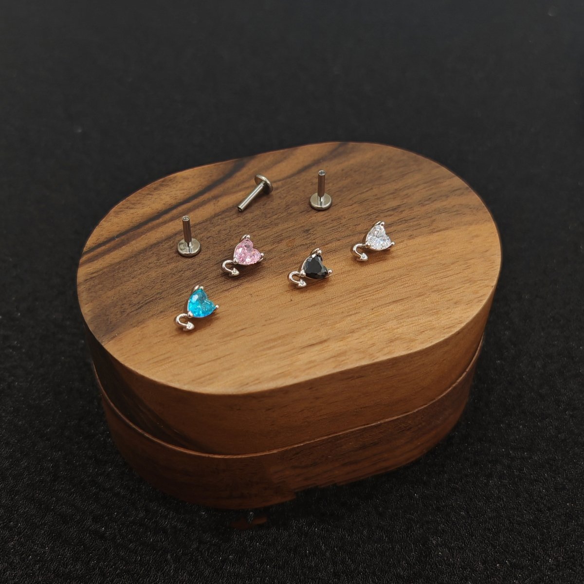 Titanium Devil Heart CZ Piercing Stud | 1PC – Blue / White / Pink / Black | Ear Nose Body Jewelry - AKAK BODYJEWELRY-ear-tunnel