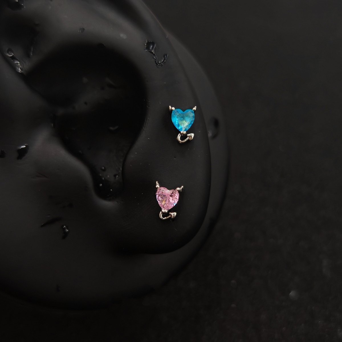 Titanium Devil Heart CZ Piercing Stud | 1PC – Blue / White / Pink / Black | Ear Nose Body Jewelry - AKAK BODYJEWELRY-ear-tunnel