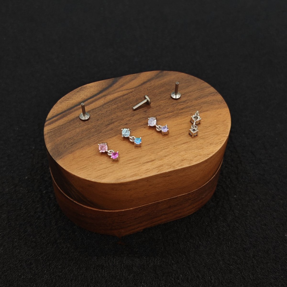 Titanium Dual CZ Dangle Piercing Stud – Blue / Purple / Red | Ear Nose Body Jewelry - AKAK BODYJEWELRY-ear-tunnel