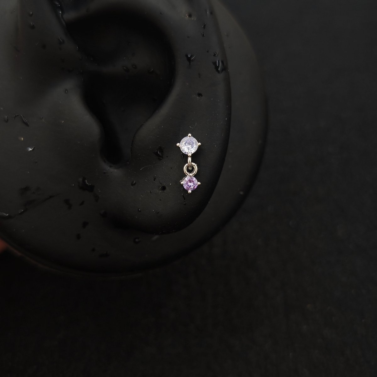 Titanium Dual CZ Dangle Piercing Stud – Blue / Purple / Red | Ear Nose Body Jewelry - AKAK BODYJEWELRY-ear-tunnel