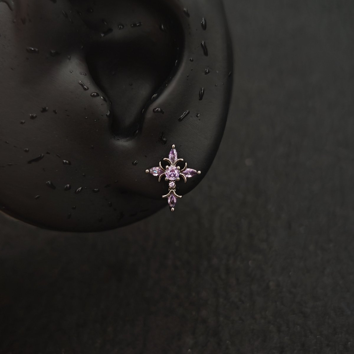 Titanium Fleur-de-Lis Cross CZ Piercing Stud | 1PC – Flat Back Labret | Ear Nose Body Jewelry - AKAK BODYJEWELRY-ear-tunnel