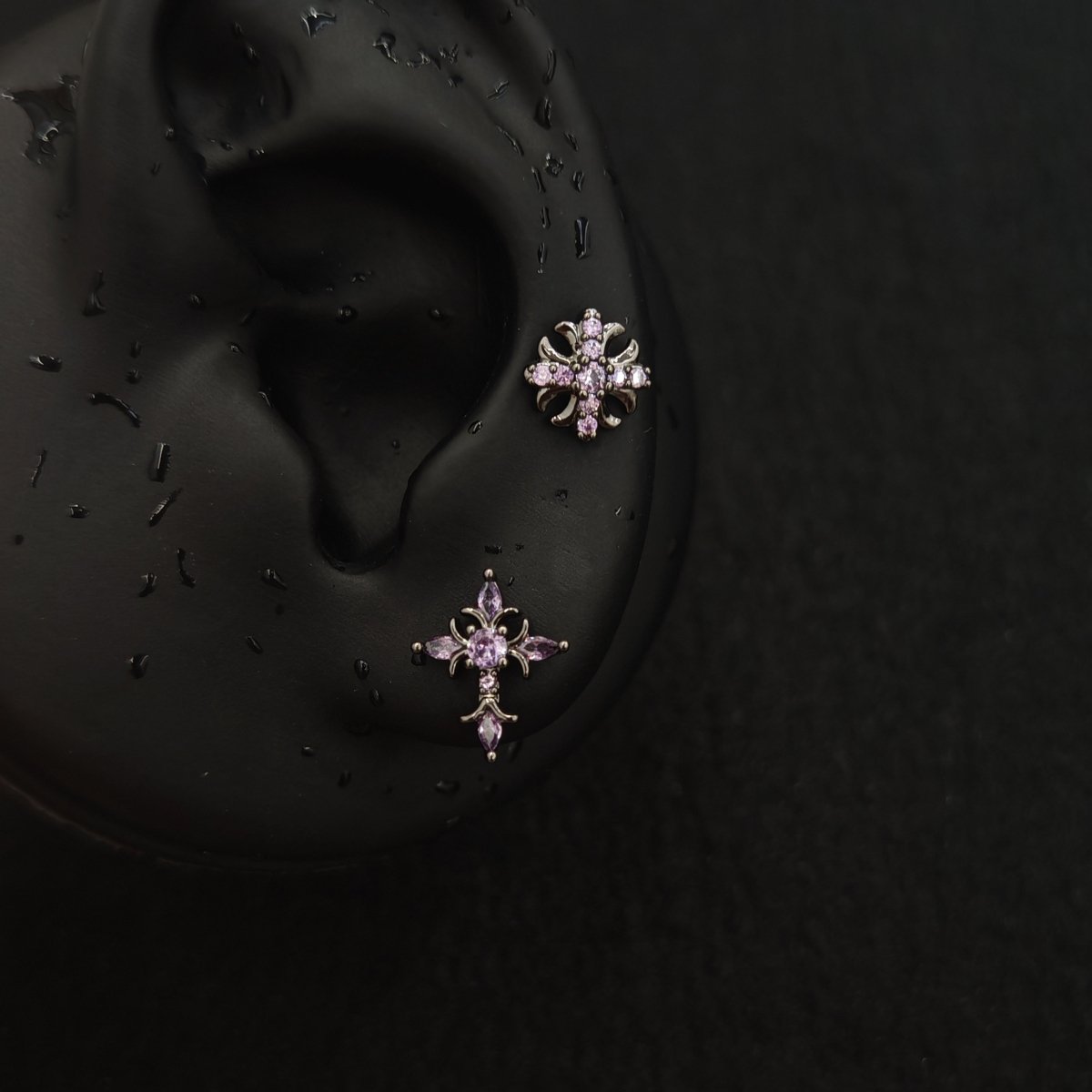 Titanium Fleur-de-Lis Cross CZ Piercing Stud | 1PC – Flat Back Labret | Ear Nose Body Jewelry - AKAK BODYJEWELRY-ear-tunnel