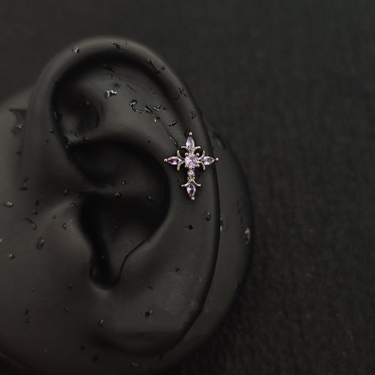 Titanium Fleur-de-Lis Cross CZ Piercing Stud | 1PC – Flat Back Labret | Ear Nose Body Jewelry - AKAK BODYJEWELRY-ear-tunnel