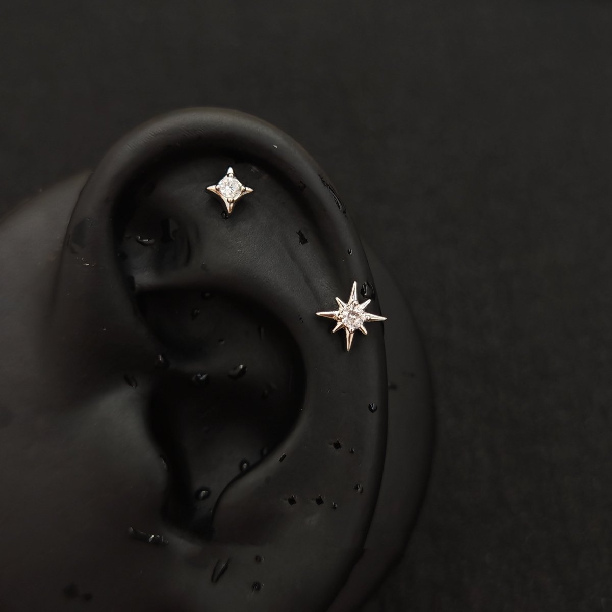 Titanium North Star & Four-Point Star CZ Piercing Stud| 1PC – Flat Back Labret | Ear Nose Body Jewelry - AKAK BODYJEWELRY-ear-tunnel
