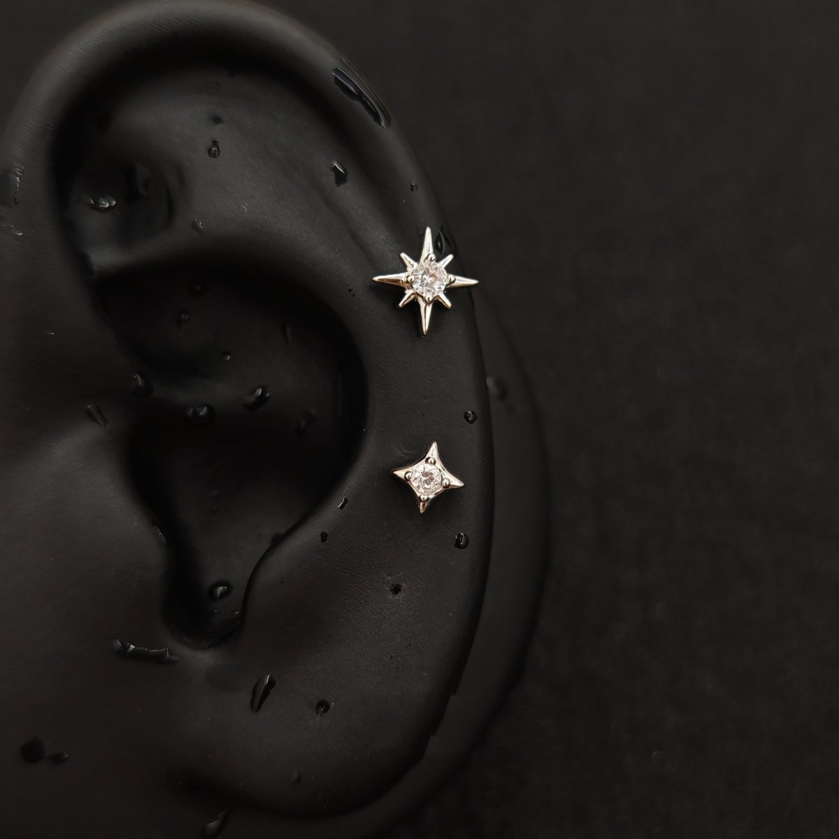 Titanium North Star & Four-Point Star CZ Piercing Stud| 1PC – Flat Back Labret | Ear Nose Body Jewelry - AKAK BODYJEWELRY-ear-tunnel