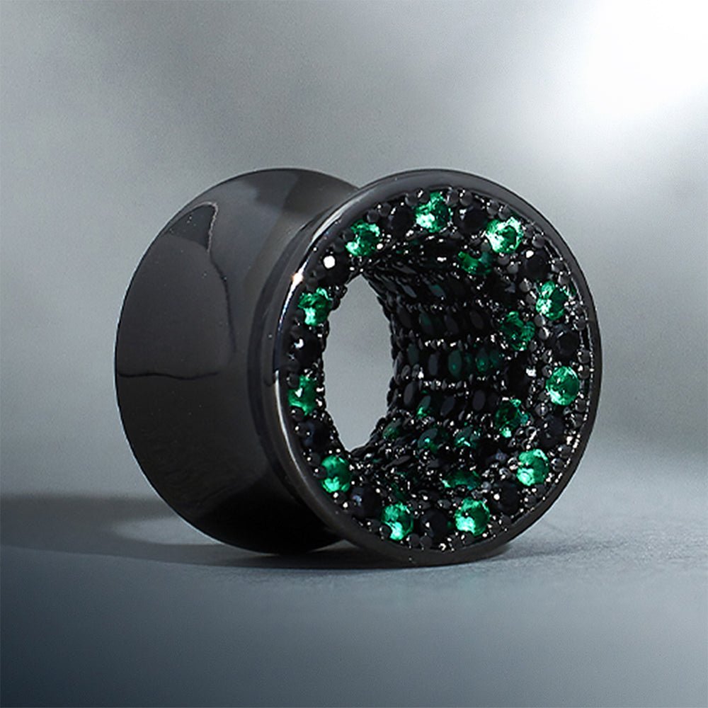 Tungsten Steel Zircon Black Green Tunnel(2pcs) - AKAK BODYJEWELRY - ear - tunnel