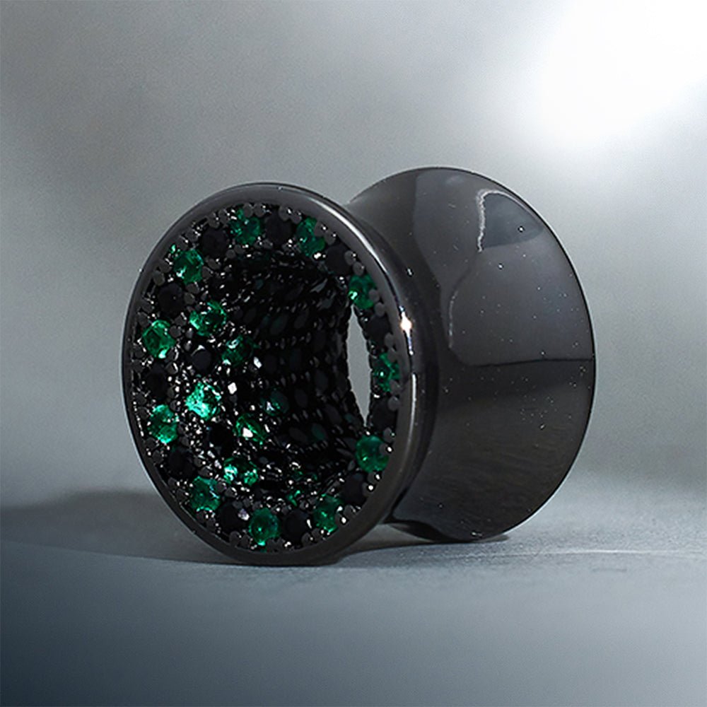 Tungsten Steel Zircon Black Green Tunnel(2pcs) - AKAK BODYJEWELRY - ear - tunnel