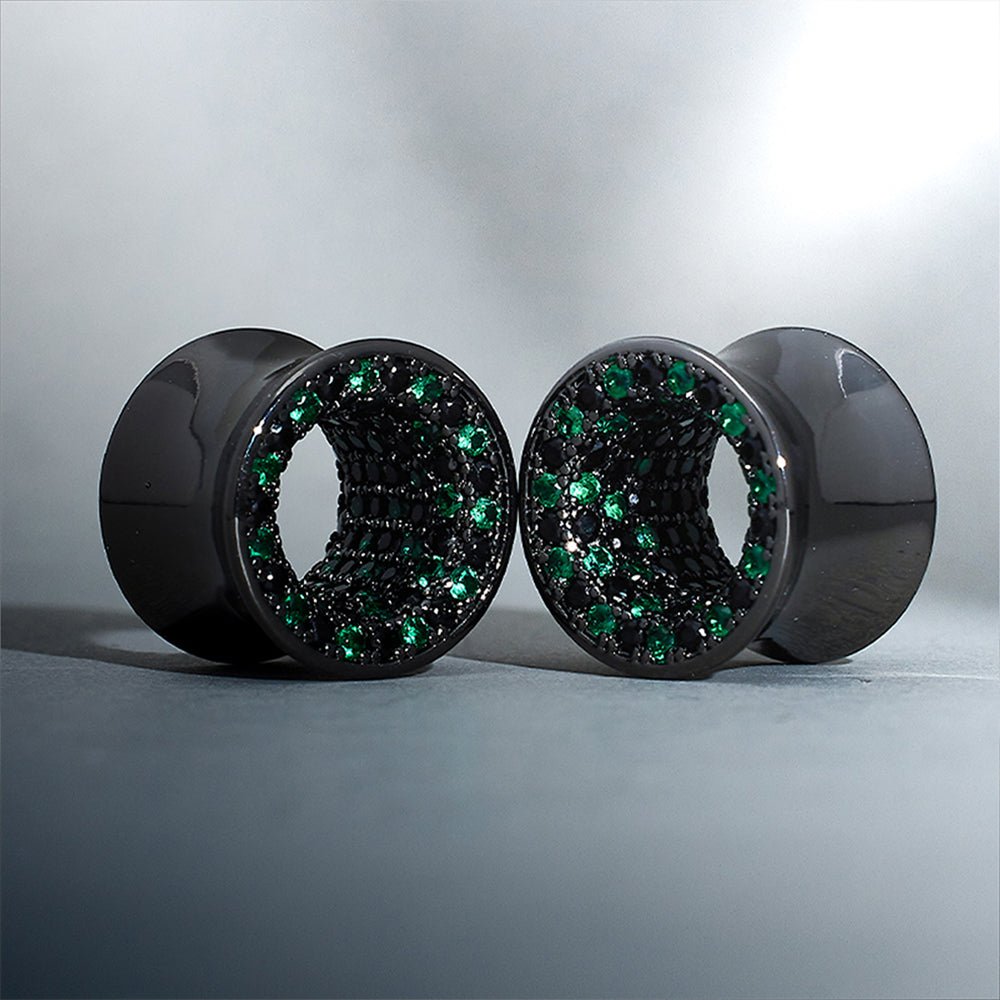 Tungsten Steel Zircon Black Green Tunnel(2pcs) - AKAK BODYJEWELRY - ear - tunnel