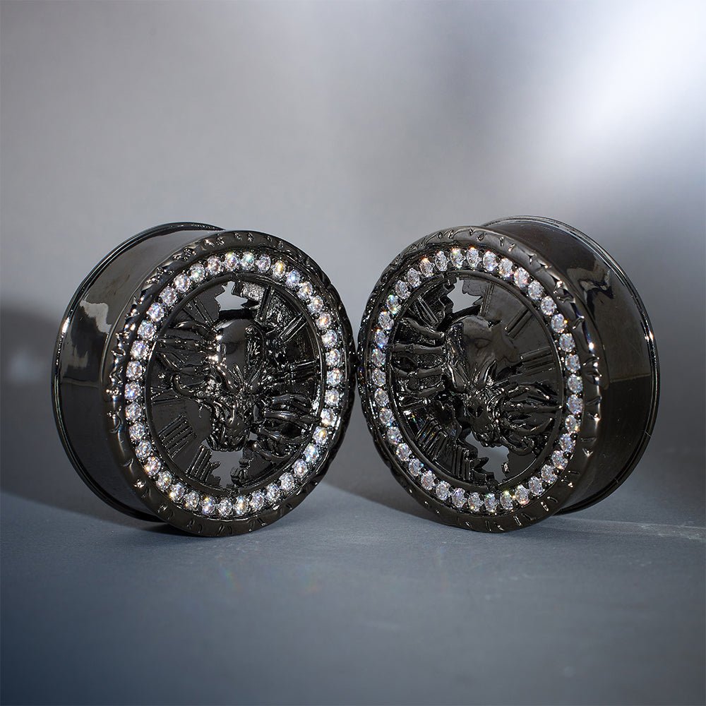Tungsten Steel Zircon Hell's Timekeeper Skull Ear Gauge Plugs(2Pcs) - AKAK BODYJEWELRY - ear - tunnel
