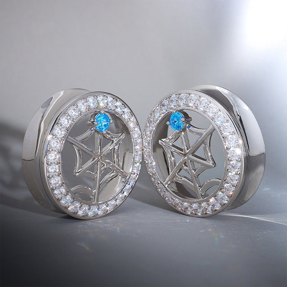 Web Blue Stone Zircon S925 Silver Ear Gauge Tunnel (2Pcs) - AKAK BODYJEWELRY - ear - tunnel